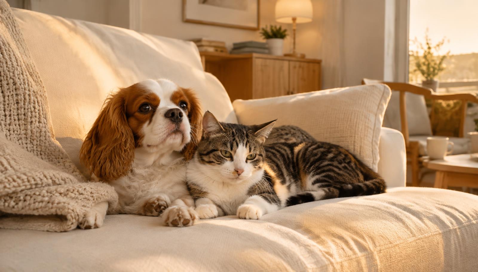 Cachorro e gato descansando juntos no sofá