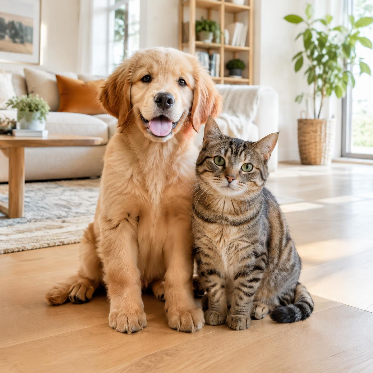 Cachorro e gato felizes em uma sala limpa e organizada